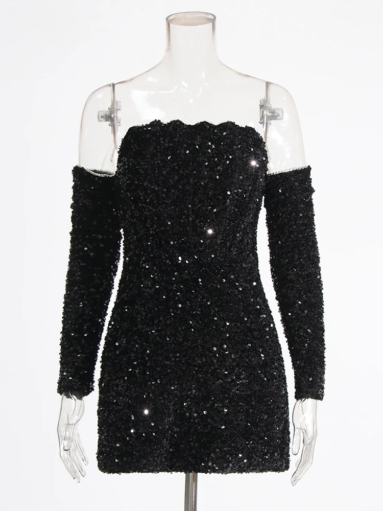 Zalia Atelier | Black Sequins Strapless Mini Dress with Half Sleeves