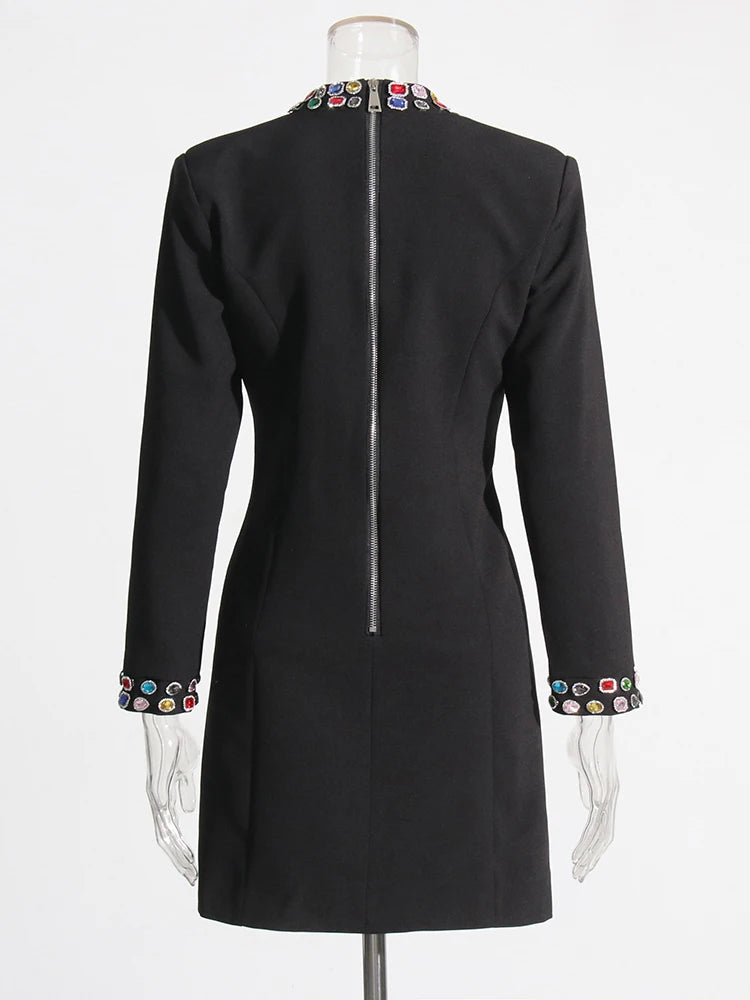 Zalia Atelier | Black Long Sleeves Mini Dress with Jewel Stones Trim on Neck Cuffs and Pockets