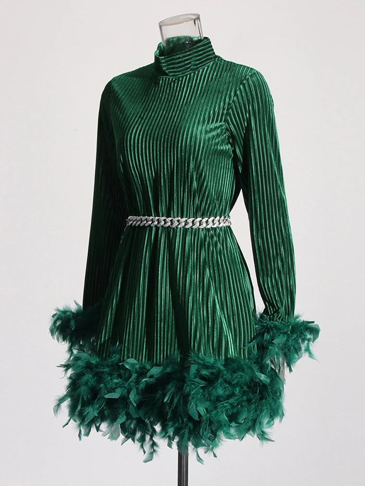 Zalia Atelier | Green Velour Mini Dress Long Sleeves Turtle Neck Feather Trim Cuffs and Hem