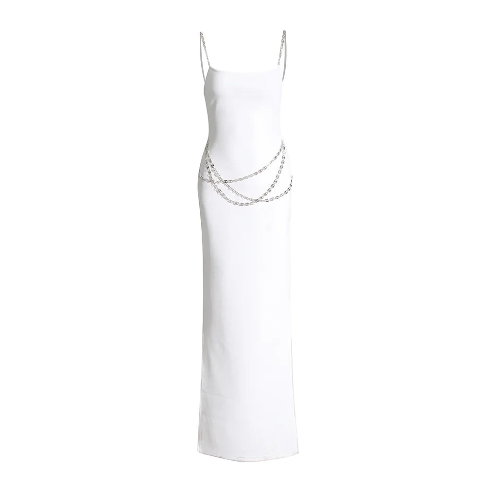 Zalia Atelier | White Maxi Dress Chain Straps and Belt