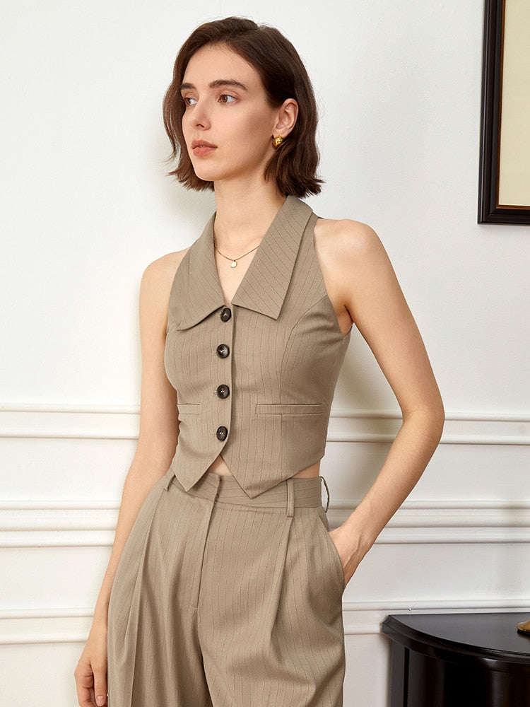 Khaki Vest with turndown collar | Zalia Atelier