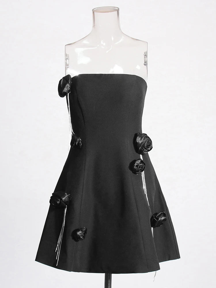 Black Strapless Mini Dress With Black Flower Appliques Cocktail Dress