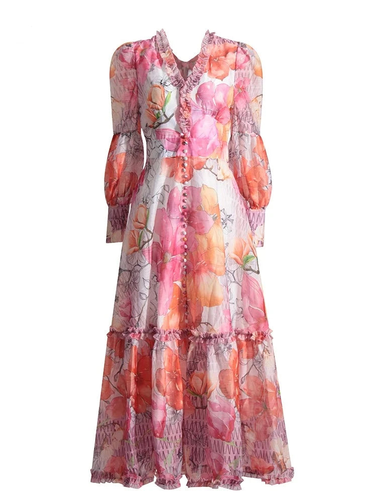 Floral Print Maxi Dress Long Sleeves Designer Inspired