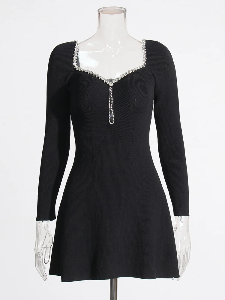 Zalia Atelier | Black Knit Mini Dress with long sleeves and crystal rhinestone neck trim