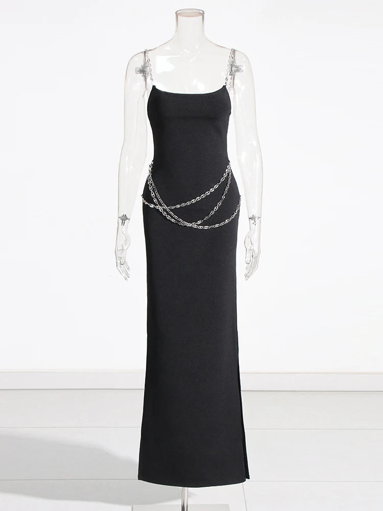 Zalia Atelier | Black Maxi Dress Chain Straps and Belt