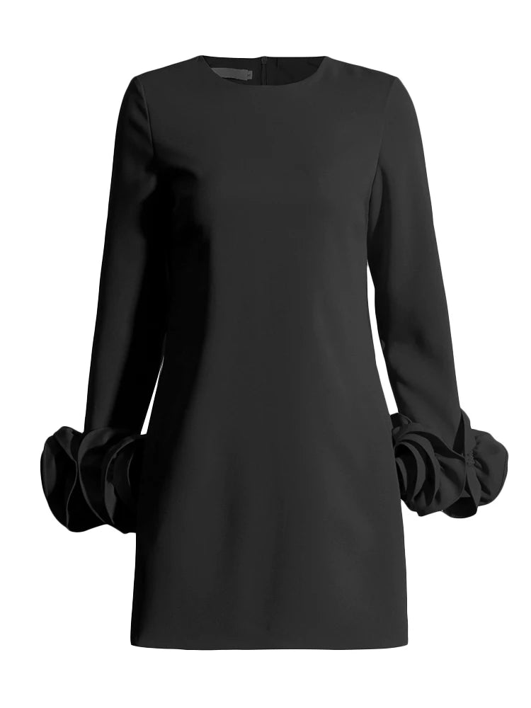 Zalia Atelier | Black Shift Dress with Long Sleeves and flower appliques on cuffs