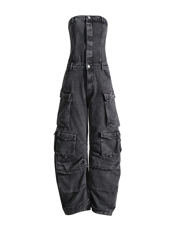 Zalia Atelier | Grey Denim Strapless Cargo Jumpsuit