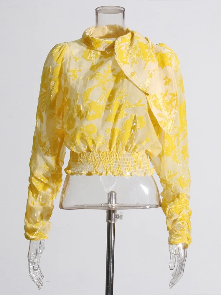 Yellow lace top with long sleeves and elastic waist