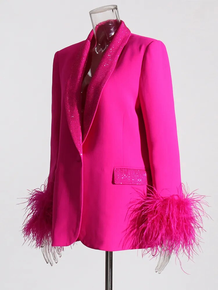 Bright Pink Blazer Sequins Lapel Feather Cuffs Trim