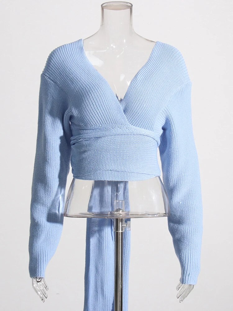 Light Blue V-Neck Knit Top Wrap Around Detail