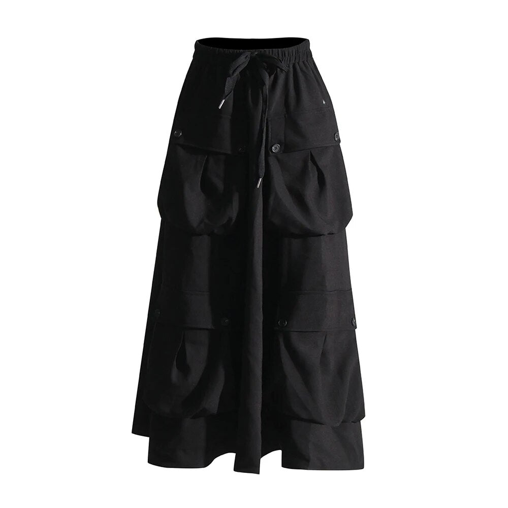 Black Midi Skirt With Pockets and Drawstring Closure