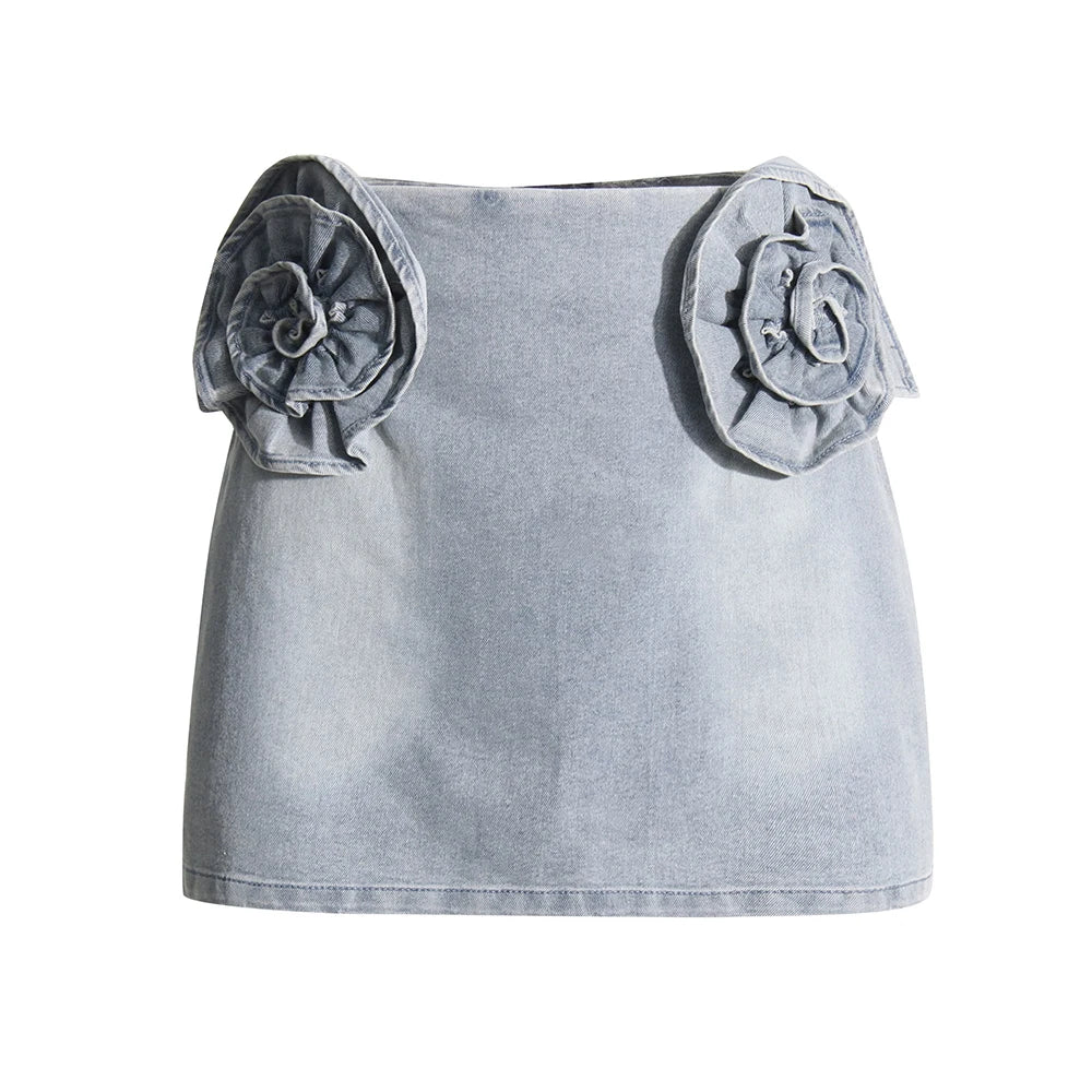 Zalia Atelier | Denim Mini Skirt Acid Wash Finish with Flower Applique