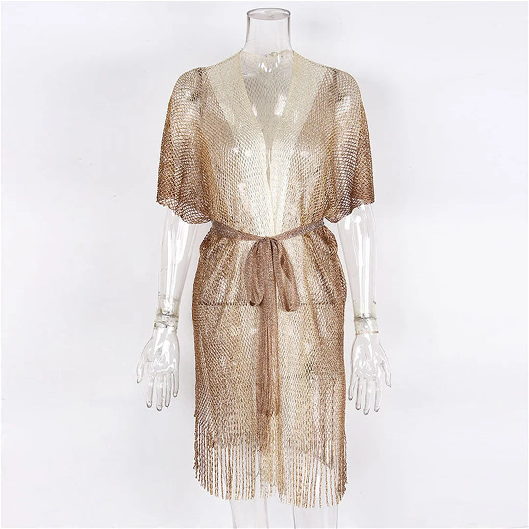 Zalia Atelier | Golden Tassels Beach Cover Up with Belt | Resort Wear