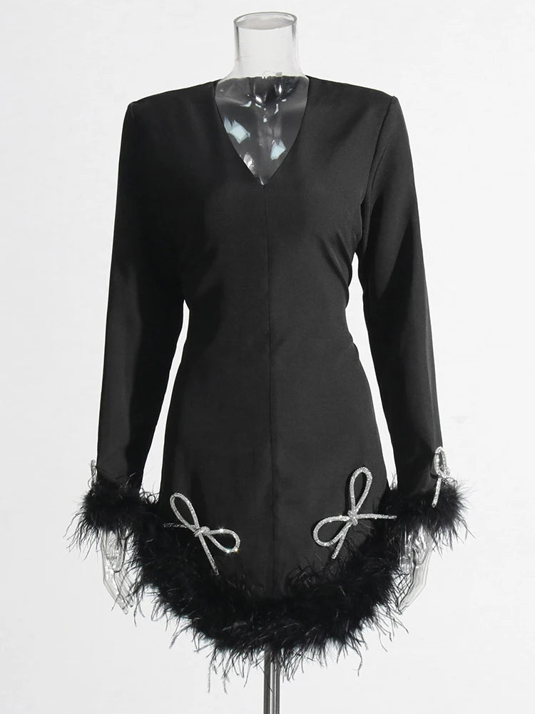 Delia Feather Trim Mini Dress - Black