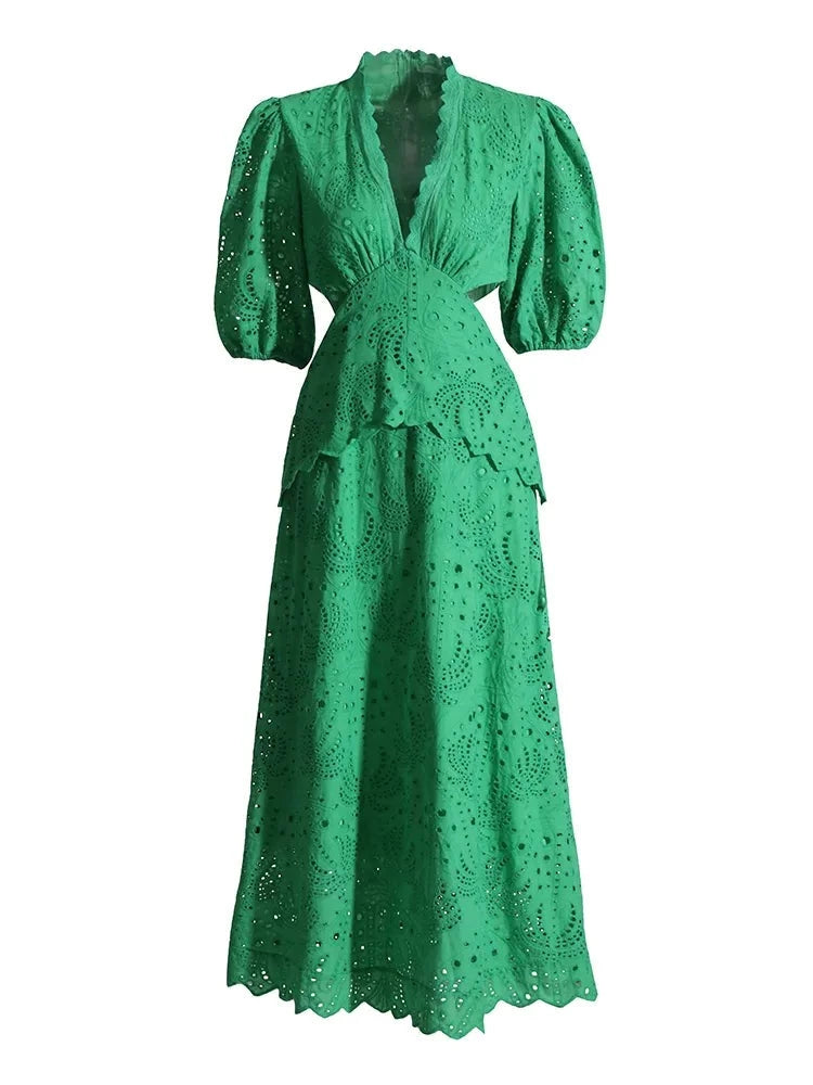 Green Midi Dress Puff Sleeves Embroidered