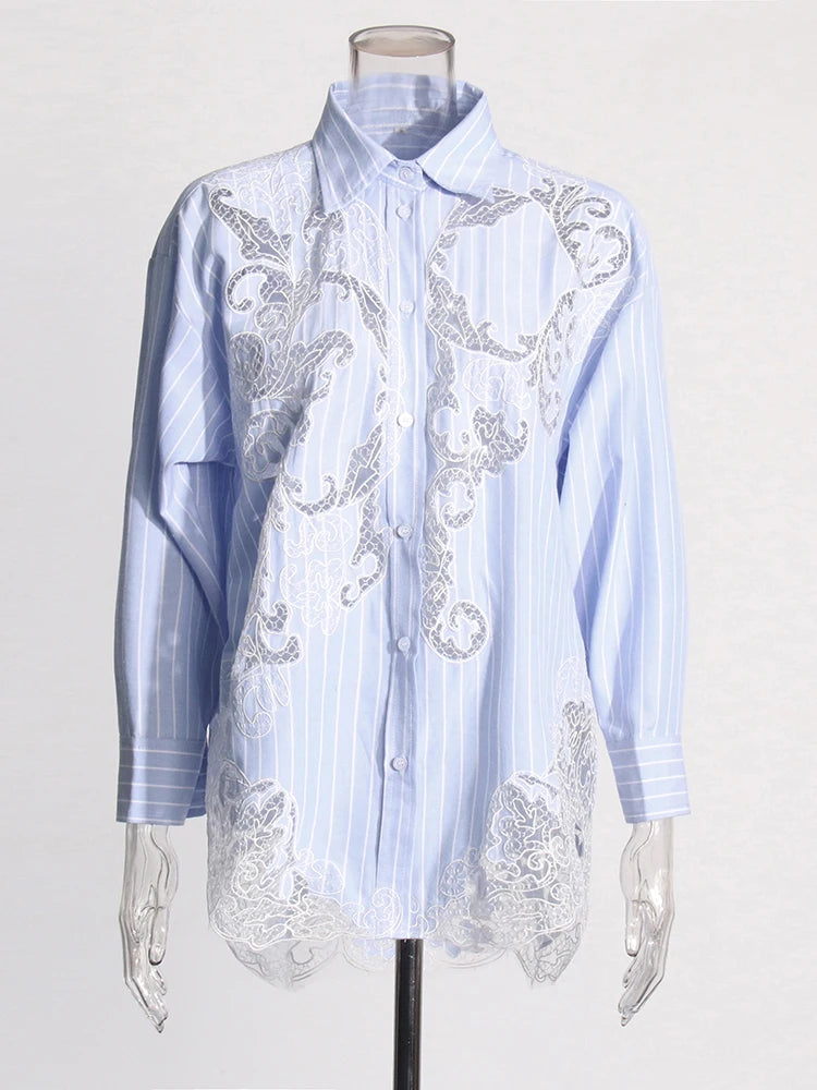 Blue Blouse White Stripes Lace Panel and Trim | Zalia Atelier