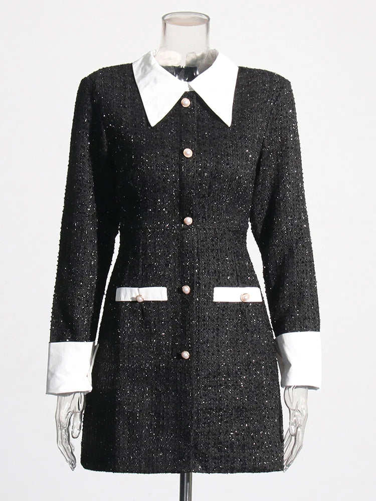 Zalia Atelier | Black Tweed Mini Dress White Collar and Cuffs | Sparkly Tweed Dress