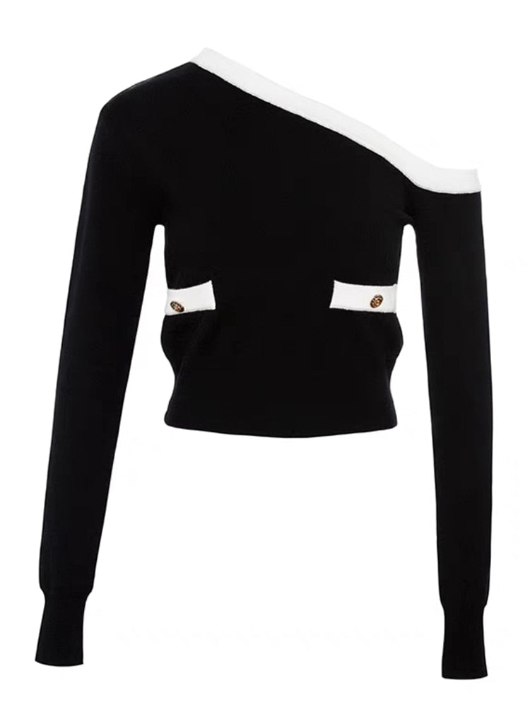 Black Knit Top with One Cold Shoulder and White Trims