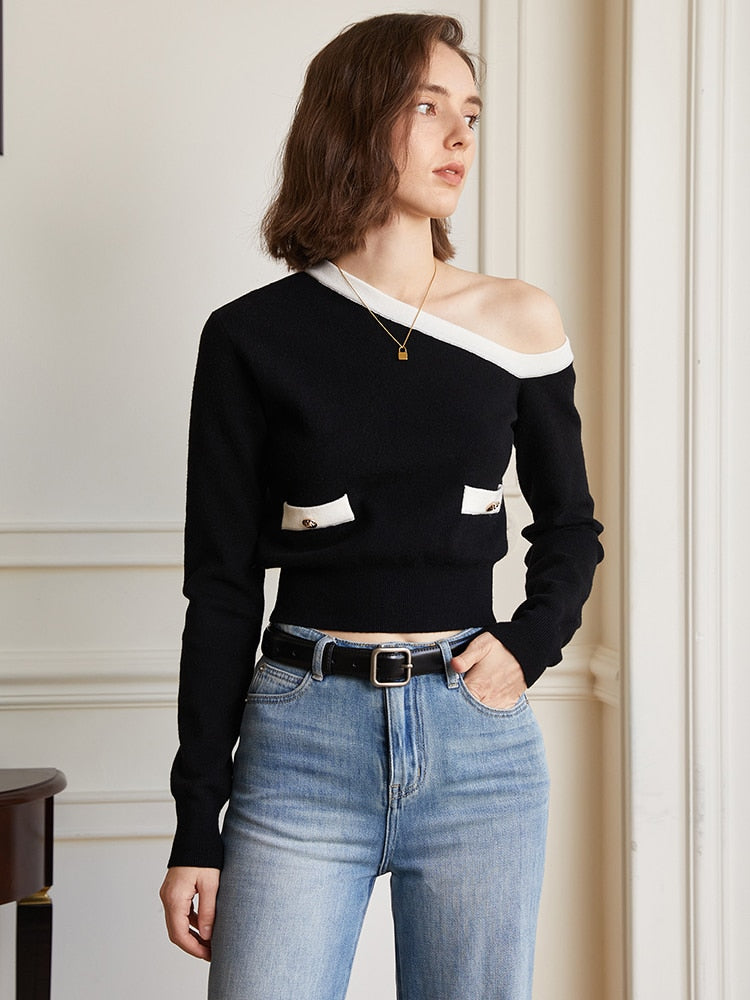 Black Knit Top with One Cold Shoulder and White Trims