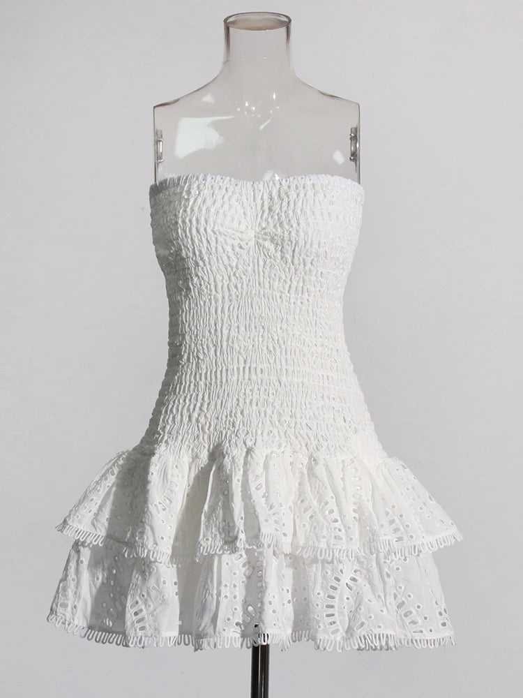 White Strapless Mini Dress Embroidery Eyelet Trim Stretchy Charo Ruiz Ibiza Dupe