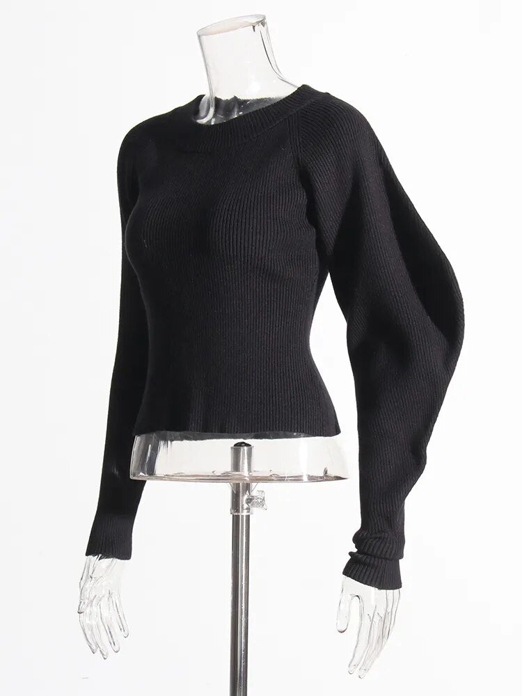 Black sweater with one lantern sleeve | Zalia Atelier