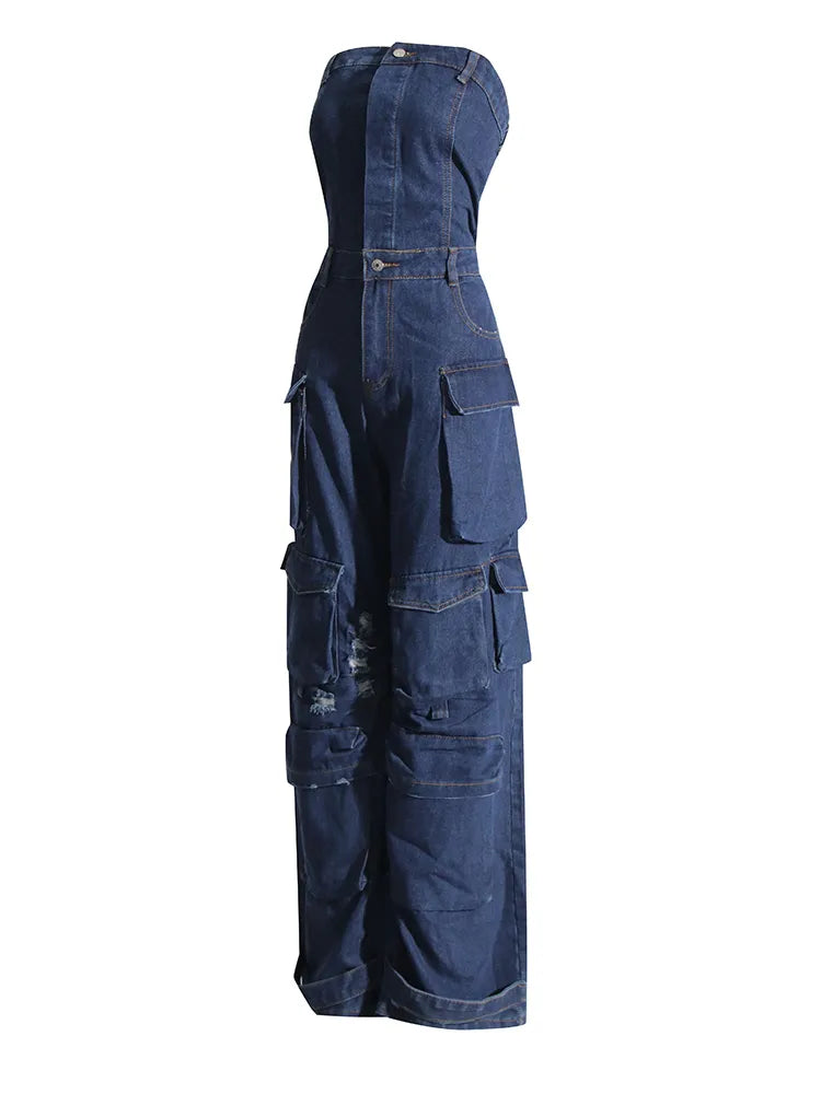 Zalia Atelier |Denim Strapless Cargo Jumpsuit