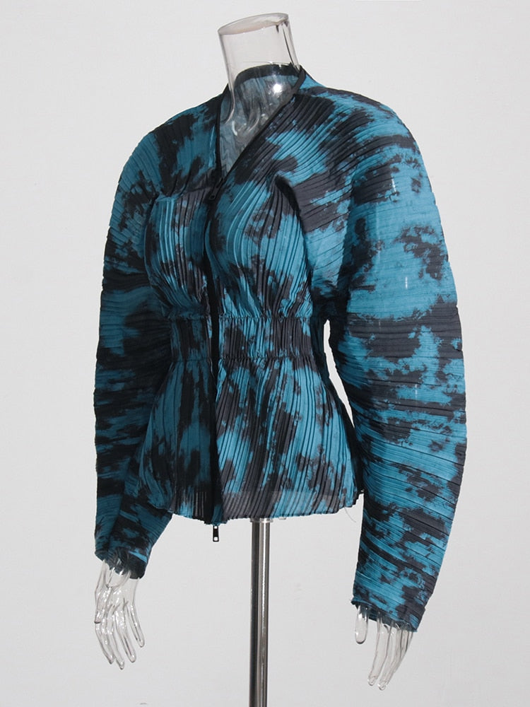 Blue Plisse Printed Blouse | Zipper Front | Long Sleeves | Zalia Atelier