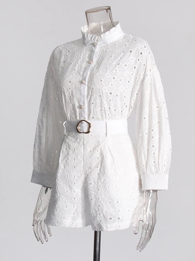 Zalia Atelier | Embroidered Top and Shorts Set | White Top and Shorts | Belted Shorts