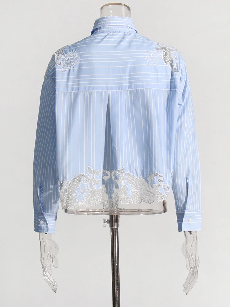 Striped Blue Shirt with lace detail | Zalia Atelier