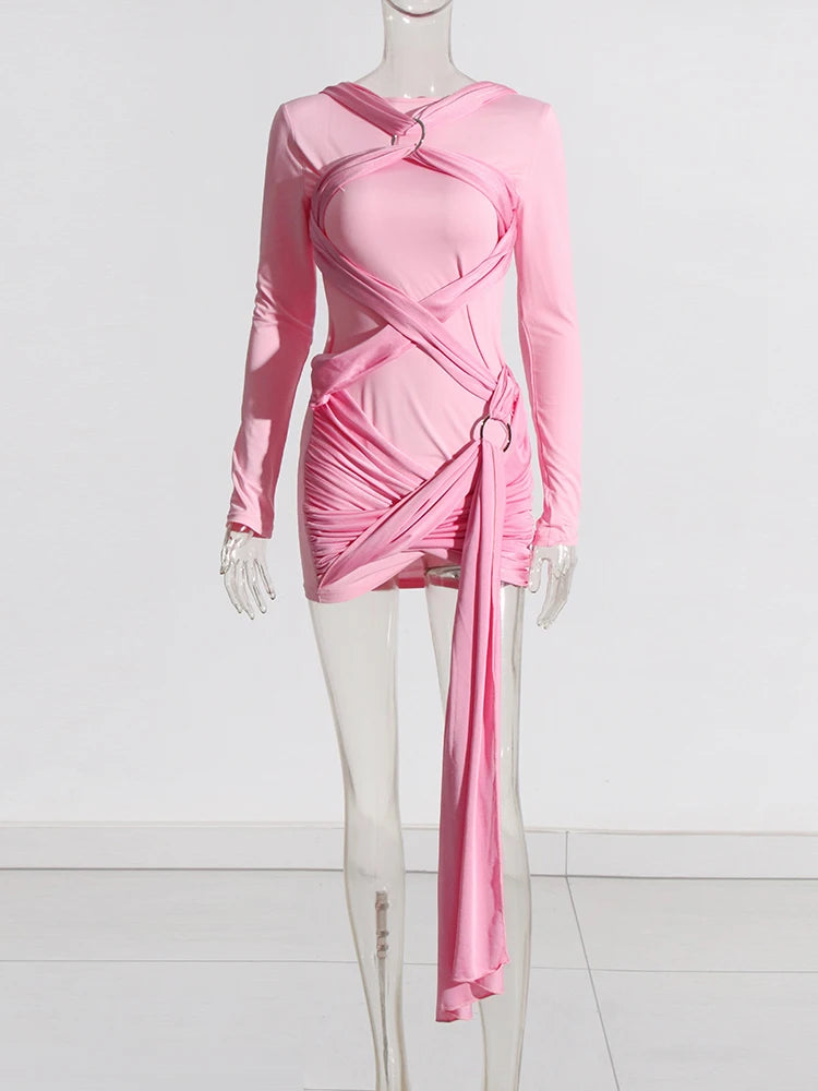 Zalia Atelier | Pink Long Sleeve Mini Dress with Bandage Detail