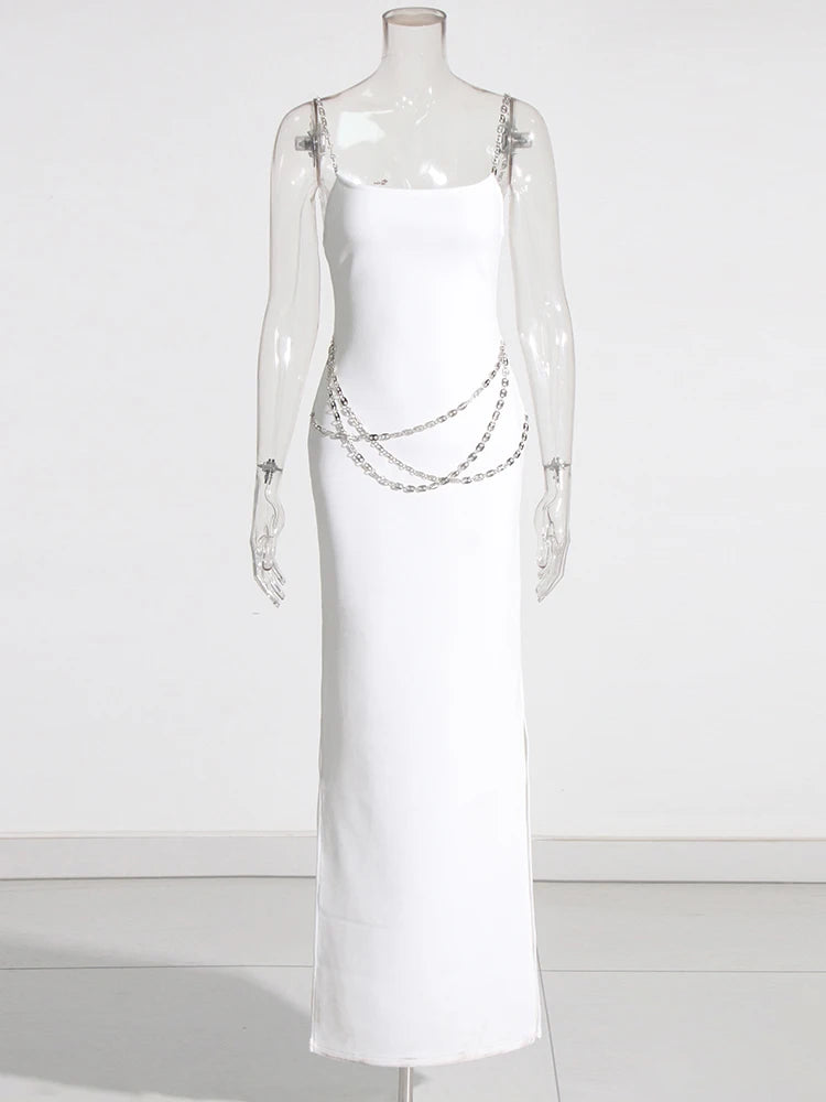 Zalia Atelier | White Maxi Dress Chain Straps and Belt