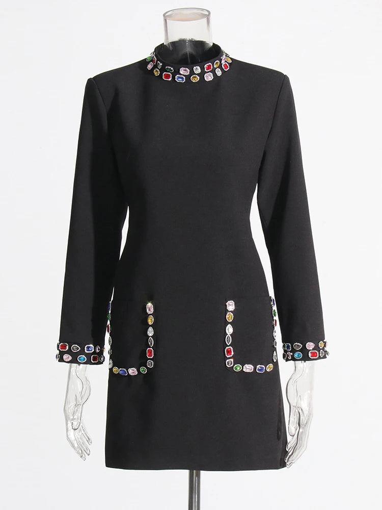 Zalia Atelier | Black Long Sleeves Mini Dress with Jewel Stones Trim on Neck Cuffs and Pockets