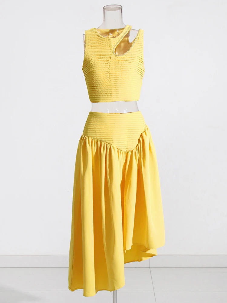 Yellow top and midi skirt set, shoulder cut out top with rhinestones