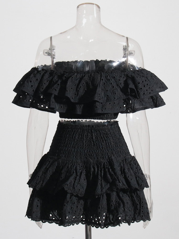 Black Embroidered Top and Skirt Set | Broderie Anglaise | Crop Top and Mini Skirt with Ruffles | Designer Inspired Charo Ruiz Dupe