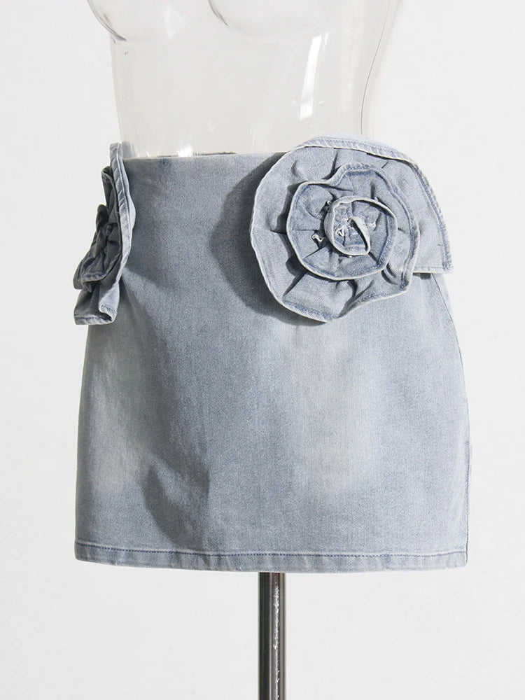 Zalia Atelier | Denim Mini Skirt Acid Wash Finish with Flower Applique