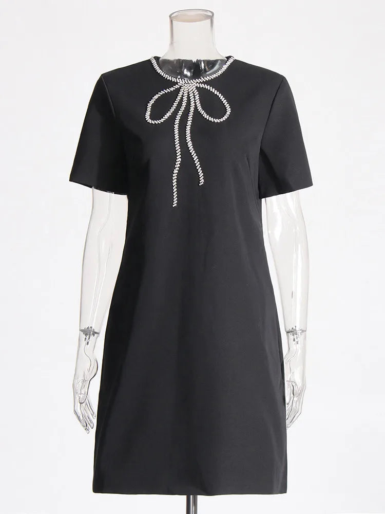 Zalia Atelier | Black Shift Mini Dress | Rhinestones Collar 