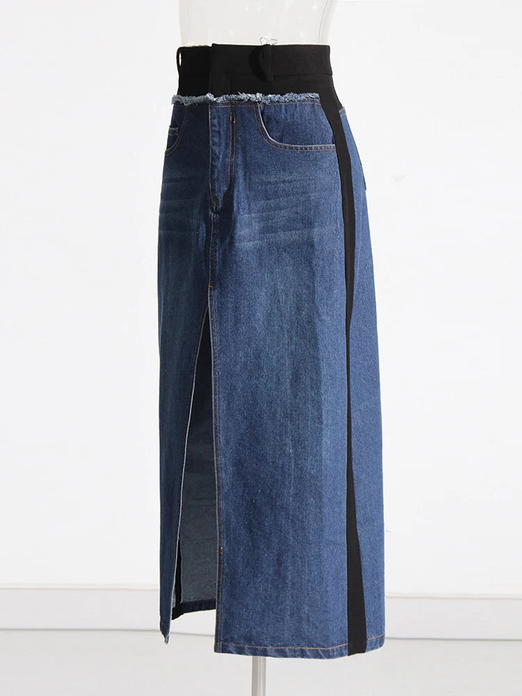 Denim patchwork midi skirt with front split