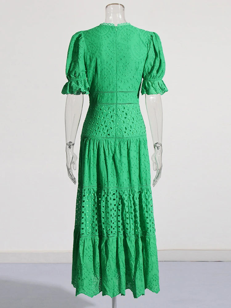 Zalia Atelier | Green Maxi Dress Puff Sleeves Embroidered Panel