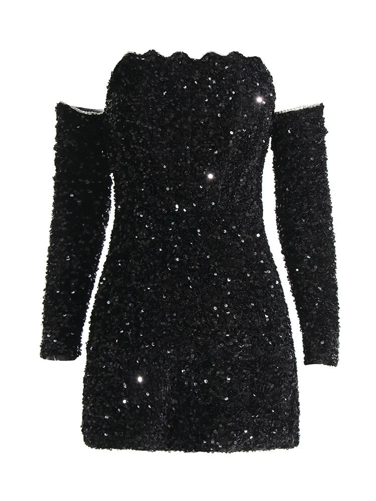 Zalia Atelier | Black Sequins Strapless Mini Dress with Half Sleeves