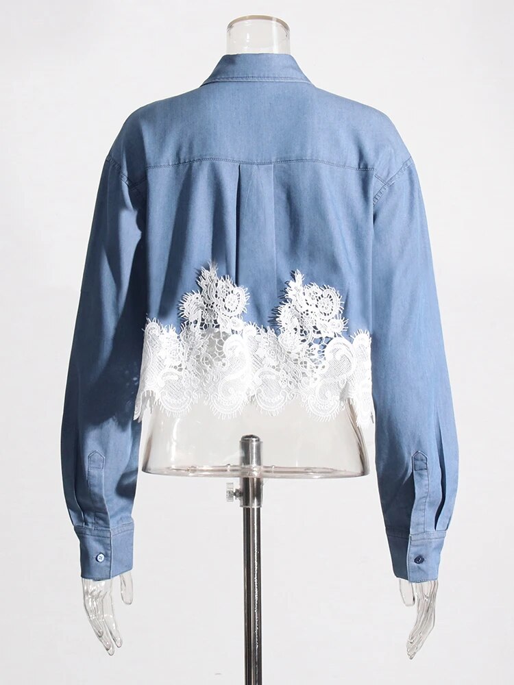 Blue long sleeve shirt with white lace trim | Zalia Atelier