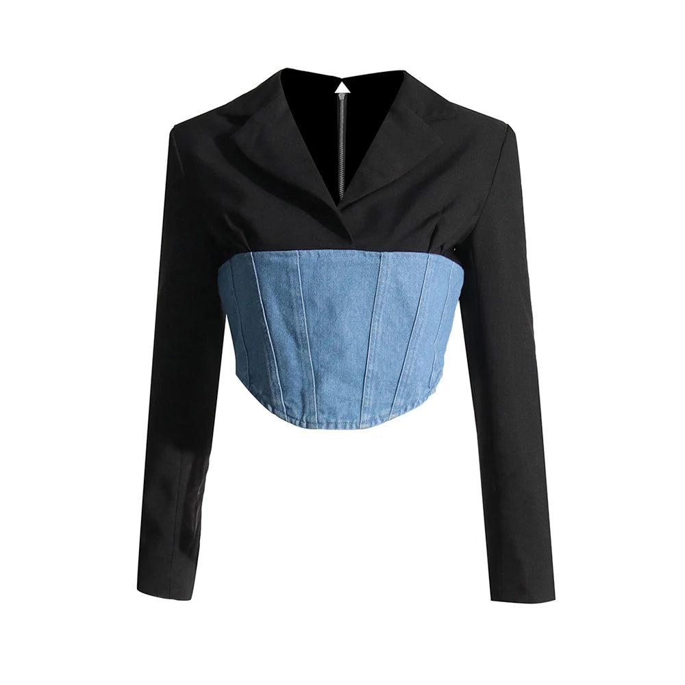 Black top with blue denim patchwork | Zalia Atelier