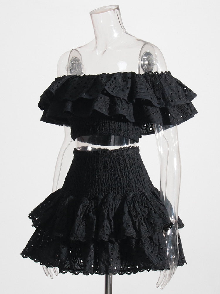 Black Embroidered Top and Skirt Set | Broderie Anglaise | Crop Top and Mini Skirt with Ruffles | Designer Inspired Charo Ruiz Dupe