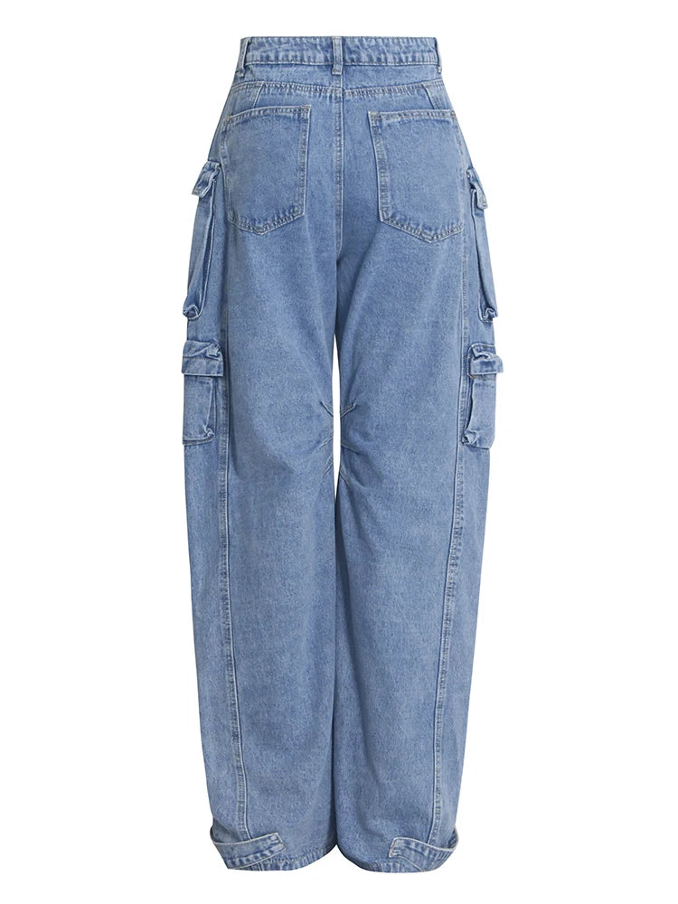 denim cargo pants high waist wide leg