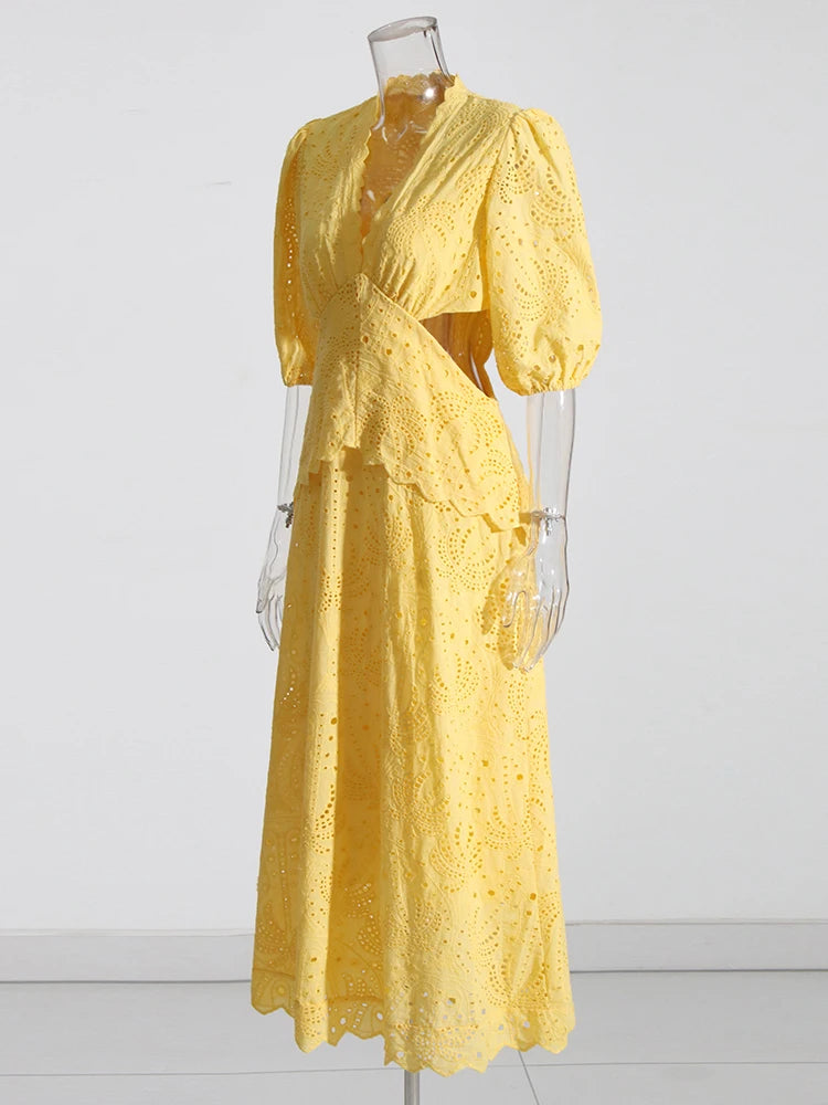 Yellow Midi Dress Puff Sleeves Embroidered