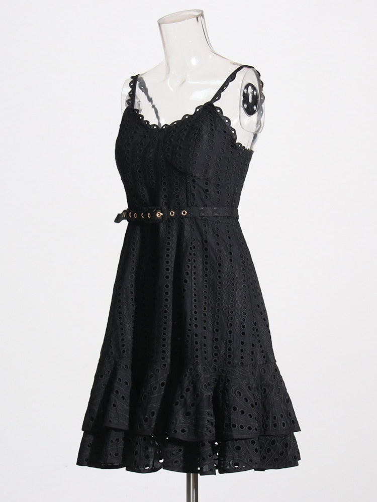 Black Embroidered Mini Dress | Ruffles | High Waist | Designer Inspired Charo Ruiz Dupe