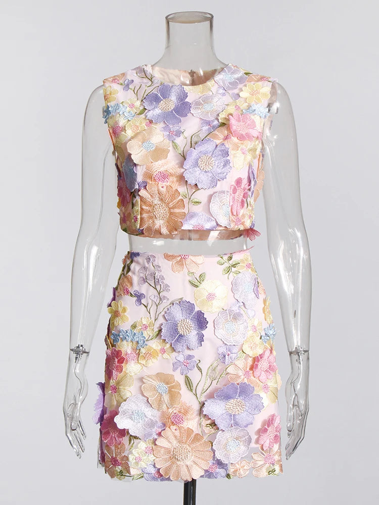 Zalia Atelier | Floral Appliques Sleeveless Top and Mini Skirt Set  | Embroidery 