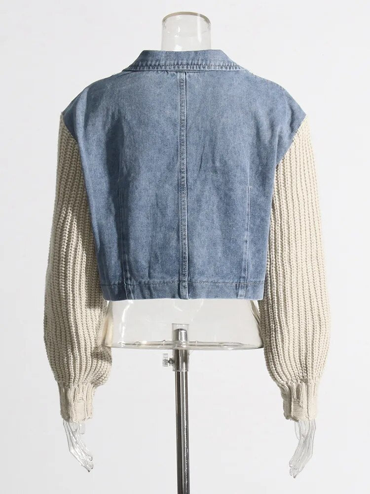 Blue Denim Jacket with Beige Knit Sleeves