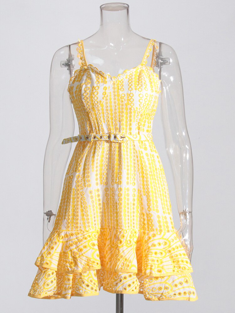 Yellow Belted Embroidered Mini Dress | Ruffles | High Waist | Designer Inspired Charo Ruiz Dupe