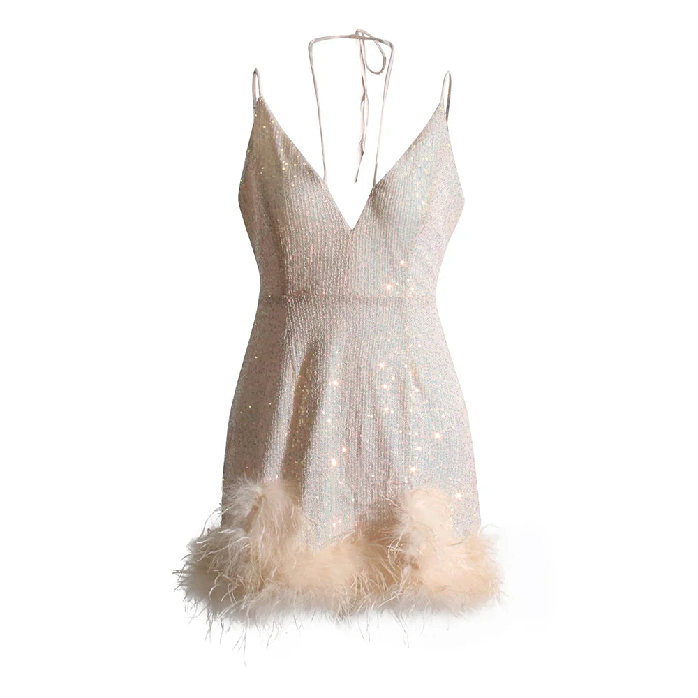 Light Pink mini dress sequins and feather trims