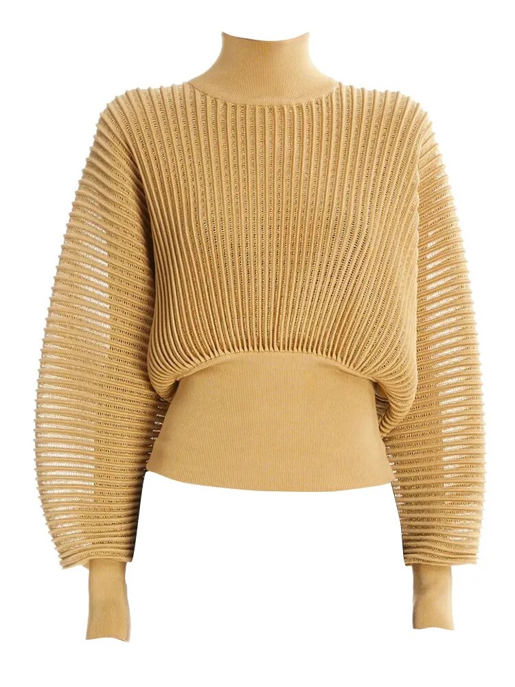 Khaki Turtleneck Sweater Sparkly Puff Sleeves